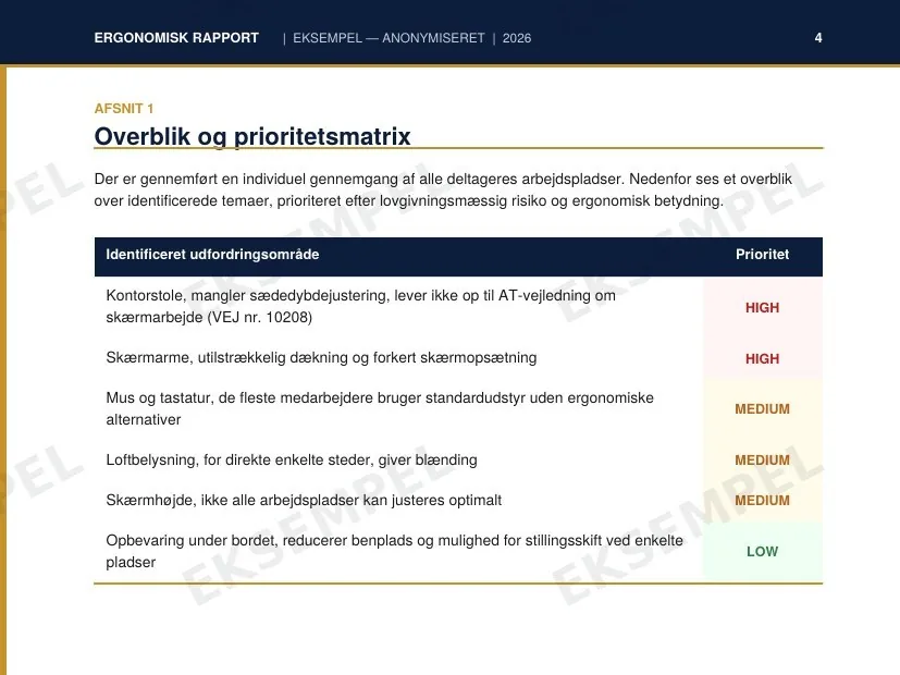 Eksempel på prioritetsmatrix i ergonomisk rapport