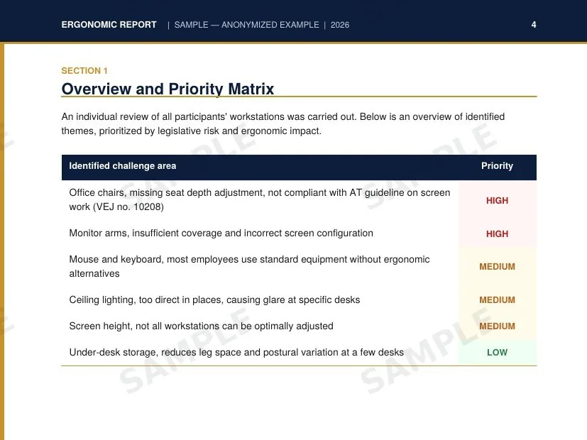 Sample priority matrix page of an ergonomic report