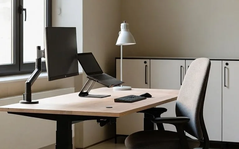 Skrivebord med arbejdslampe og ergonomisk tastatur