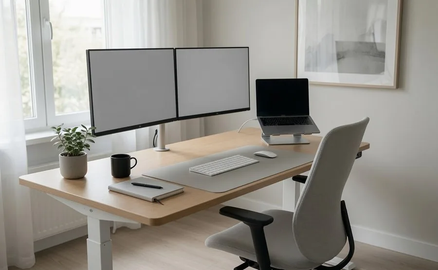 Skrivebord med laptopstander og ergonomisk mus